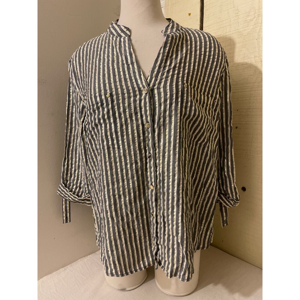 Anne Klein Women's Button Down Blouse Gold Stripe Textured‎ Shirt